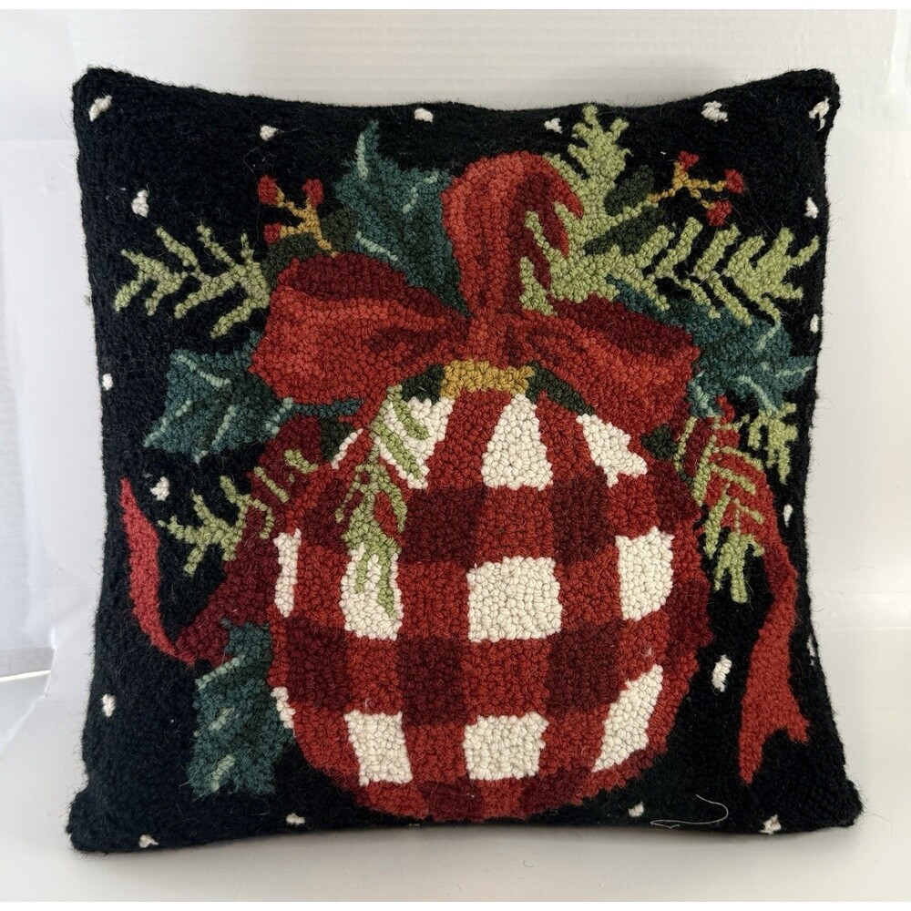 Christmas Pillow Wool Hooked 15 x 15 Ornament Velvet Square Throw Pillow Cushion